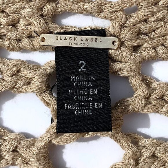 Women’s Chico’s Black Label Open Front Crochet Short Sleeve Sweater, Taupe/Metal - Picture 6 of 8